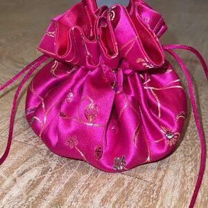 Vintage 90s Y2K Barbie Cathayana Pink Floral Jacquard Satin Pompadour Bag Pouch